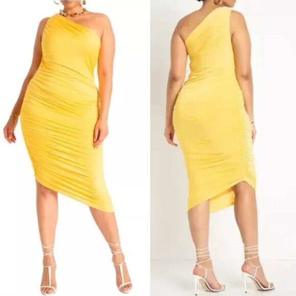 New! Eloquii Ruched One Shoulder‎ Dress yellow ruched asymmetrical midi, size 14